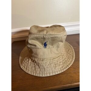 Polo Ralph Lauren Khaki Tan Cotton Chino Bucket Hat Blue Pony Logo S/M 58cm